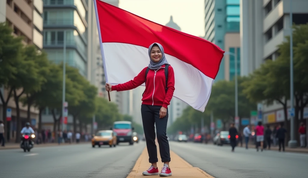 very high quality photo, independence scene, a woman wearing a hijab from Indonesia, wearing a red and white hoodie and sneakers, carrying a flag posing on the side of a city street, full body, realistic and cool visual effects, looks real and perfect, UHD 64K, very sweet