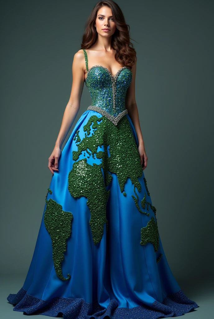 a long and wide dress from planet earth with blue fabric with the continents of Africa Asia and Europe in front made of shiny stones of different shades of green and the corset all full of shiny stones of different sizes in a blue degrade, green and turquoise