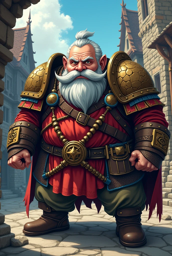 RPG dwarf anime style with short gray hair, face with few wrinkles, with mustache and large curved nose