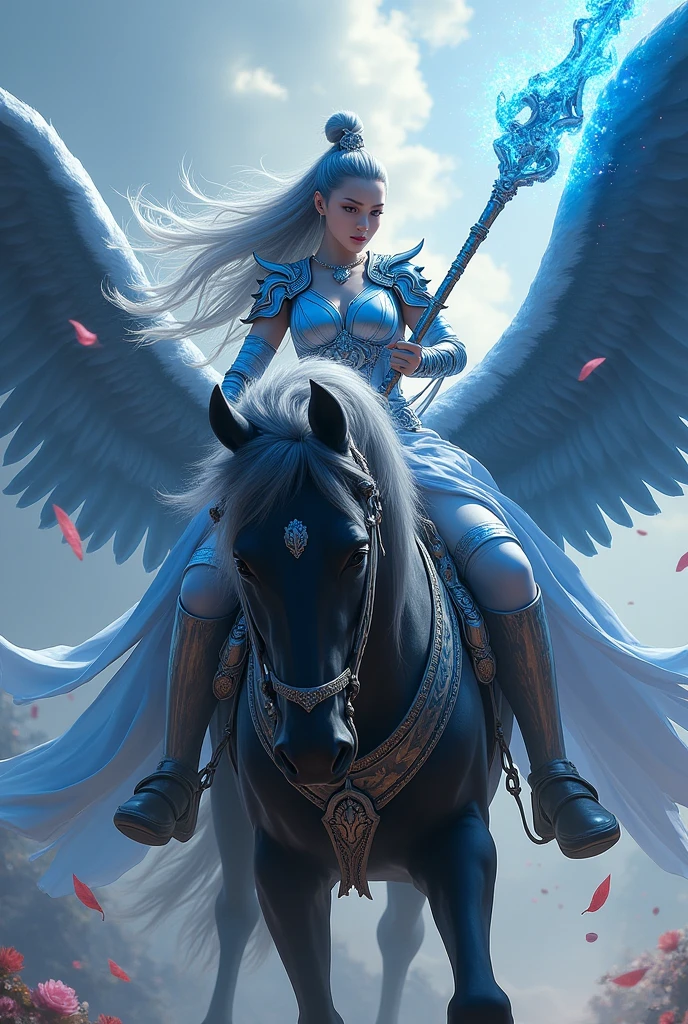 A Thai female warrior with long silver-blue hair, wearing blue-silver armor, holding a silver staff with blue light, riding a black and white winged horse.