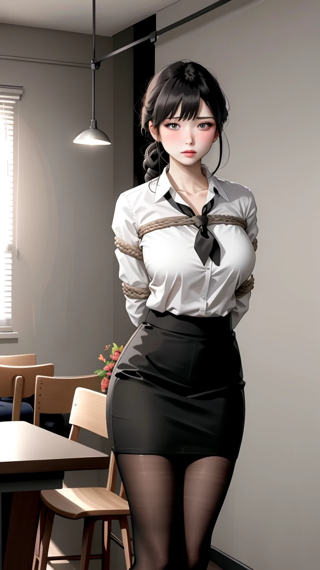 woman, ((masterpiece, Highest quality)), whole body view, Huge , Detailed skin,Tight blouse, Short pencil skirt ,Black Pantyhoery detailed, Cinema Lighting, Ultra-realistic, blush, View your viewers, whole body, whole body in frame,Put your arms behind your back, bound, suspension、Pull up your skirt、Black Pantyhoseと太もラストを見せる