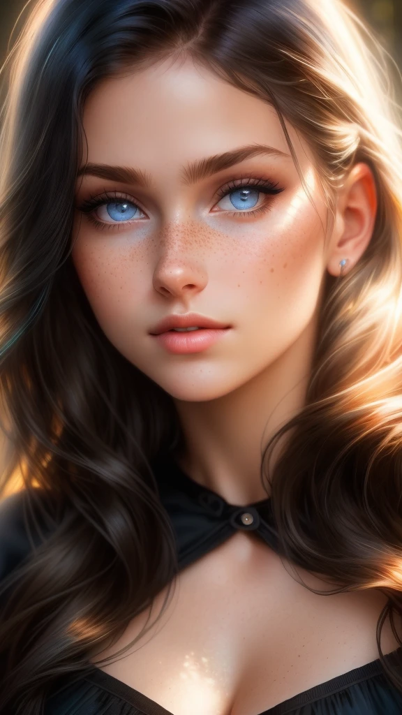 color photograph, close-up, ((a realistic photo of a beautiful girl)), (milalc), light, ((glowy skin)), looking_at_viewer, (fit body:1.0), ((large breasts)), long hair, detailed illustration, masterpiece, high quality, realistic, very detailed face, freckles, black hair, blue eyes, black shirt