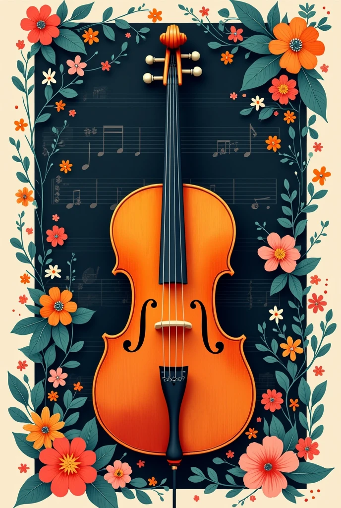 a black free musical staff with cheerful colors, soft, and flowery with a cello resting on the staff in a rectangular image.