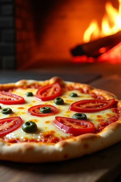 Image from a meter away showing a realistic mozzarella pizza with lots of melted cheese, 5 tomato slices and green olives between each tomato slice, catupiry cheese breadsticks coming out warm from the wood-fired oven