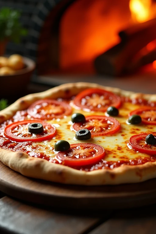 Image from a meter away showing a realistic mozzarella pizza with lots of melted cheese, 5 tomato slices and green olives between each tomato slice, catupiry cheese breadsticks coming out warm from the wood-fired oven