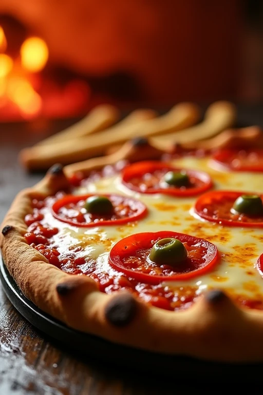 Image from a meter away showing a realistic mozzarella pizza with lots of melted cheese, 5 tomato slices and green olives between each tomato slice, catupiry cheese breadsticks coming out warm from the wood-fired oven