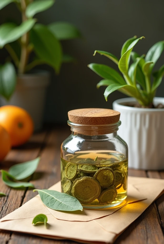 Create an image that shows a set of elements used for making an infusion based on guanabana leaves and stevia leaves. The main scene should focus on a transparent glass jar with a wooden lid, placed on a rustic wooden table. Inside the jar, you should see dry guanabana and stevia leaves, clearly visible through the glass.
On the side of the jar, place a natural kraft paper envelope, labeled with an elegant label that says "Guanabana and Stevia Infusion". The envelope should be slightly open, showing a little of the dried leaves inside.
In the background, add natural elements like a guanabana twig with fresh green leaves and a small stevia plant in a white ceramic pot. Lighting should be soft and warm, highlighting the ingredient details and creating a cozy and natural atmosphere. that it is 800 pixels wide and 200 pixels high (Give me another idea besides the one I'm giving you here.)