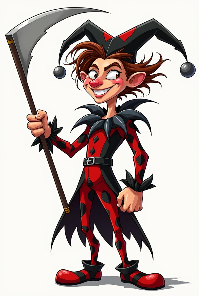 Cartoon court jester man with red and black stripes and his clothing, holding a scythe, and long hair