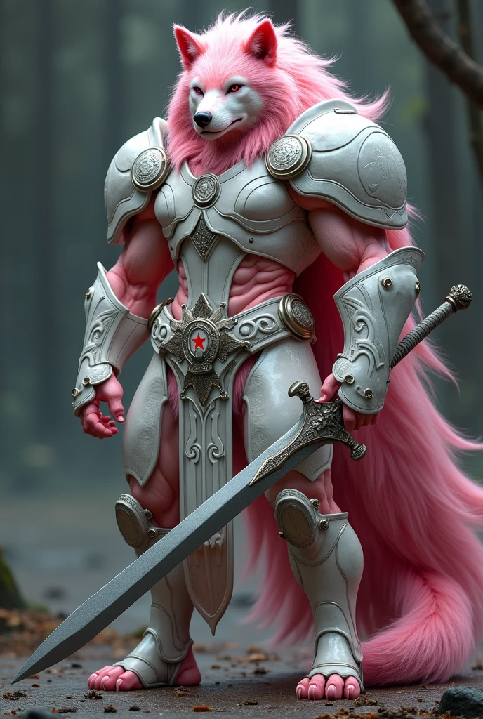(photorealism:1.2), pink and white wolf, Heineken armor,muscle,sword