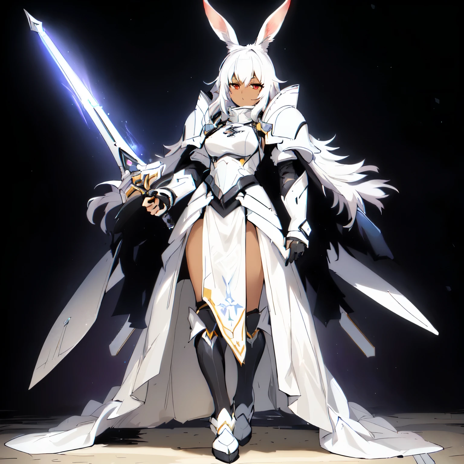 anime character dressed in white with rabbit ears holding a sword, from arknights, rabbit warrior, rabbt_character, official character art, arknights, ( ( character concept art ) ), anime character art, glossy white armor, white armor, cushart krenz key art feminine, best anime character design, female anime character, great character design, dark skin