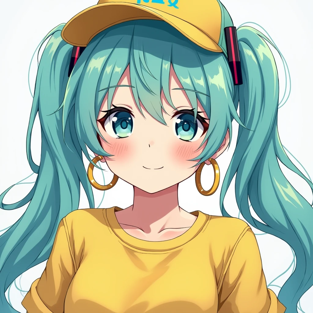 ski style, miku hassune, masterpiece, Best Quality, 1 girl, blush, aquamarine eyes, cap, Closed mouth, earrings, has, hoop earrings, jewelry, looking at the viewer, shirt, simple background, Alone, Upper part of the body, yellow shirt