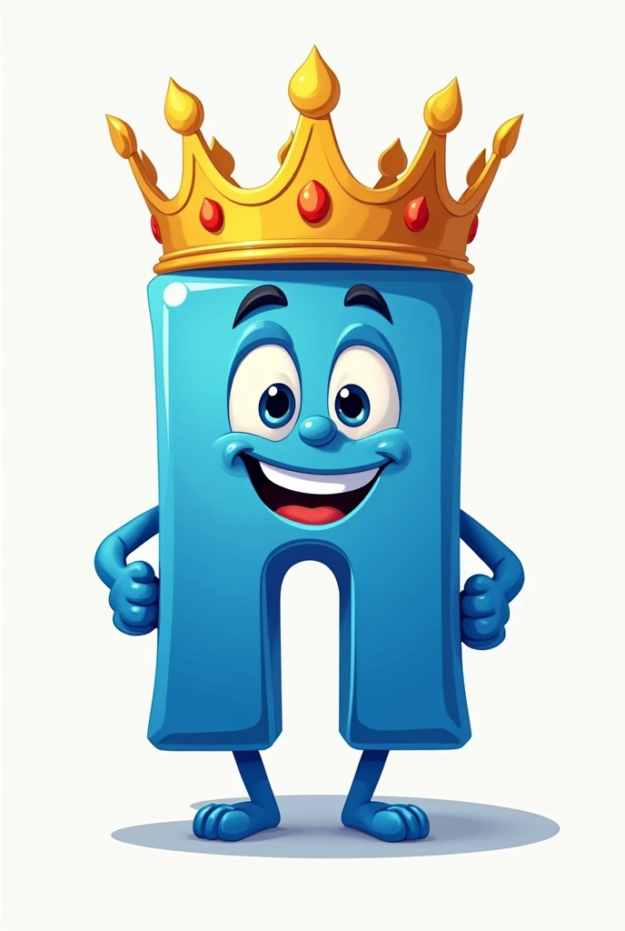 Make a king out of the letter H, all blue, with a golden crown, as if the H were a cartoon. I want the H to have eyes, a mouth, the crown, and be blue. It should also have arms. 