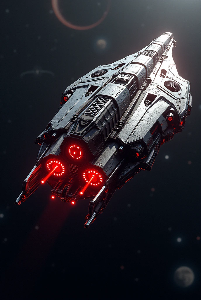 Create a spaceship with a giant cannon that is red and the cannon has technological and extravagant details.
