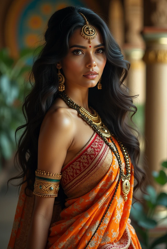 a woman in a sari posing for a picture, indian goddess, traditional beauty, indian, beautiful goddess, indian style, indian super model, beautiful maiden, gorgeous woman, south east asian with long, provocative indian, gorgeous beautiful woman, intricate outfit, hindu aesthetic, extremely detailed goddess shot, jaw-dropping beauty, big  deep   navel, big  deep ,  indian women, massive  in  bikni fusion full body