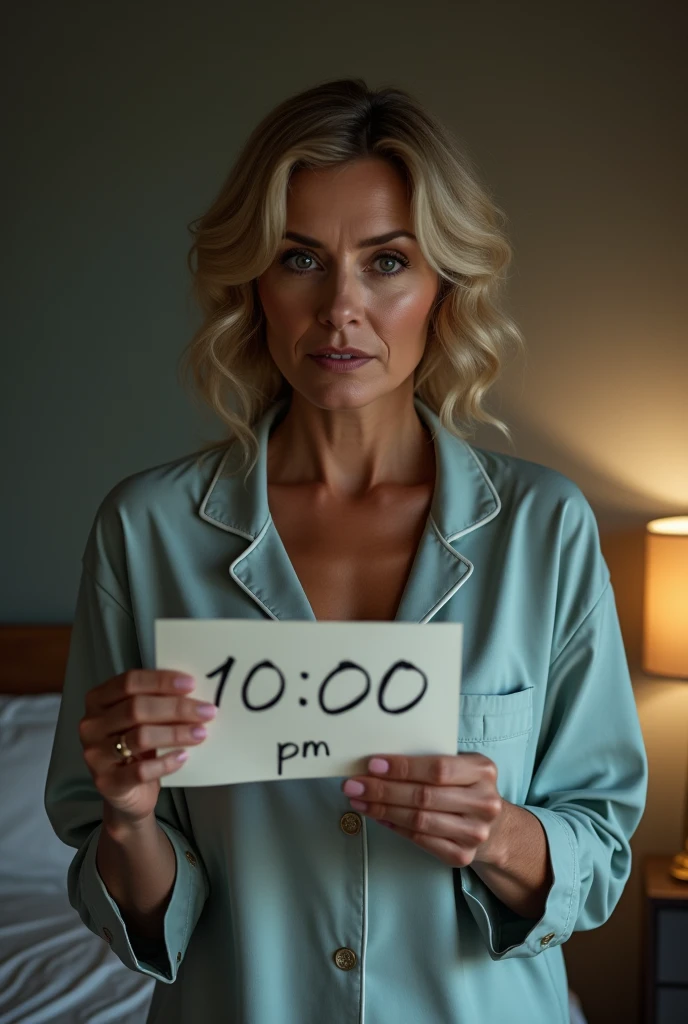 A 38 years old beautiful woman wearing a pajamas in her room holding a paper that write 10:00 pm