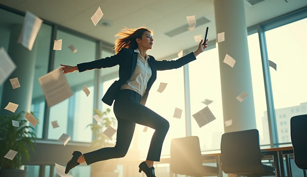 Documents were flying around the room, woman in a suit jumped up to catch the documents in a room, working, sun yunjoo, still from a live action movie, park shin hye as a super villain, full device, using a magical tablet, iu lee ji-eun as a super villain, profile pose, [ realistic photo ]!!, shin min jeong, serious business, lazy, elegant look, 