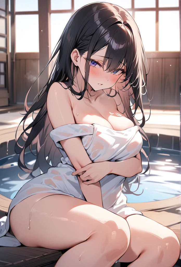 1girl, solo, nsfw,, (wearing nothing: 1.5), large breasts., empty eyes , shizu murasame, long hair, blue eyes, black hair, sidelocks, hime cut, bangs, blunt bangs,,  nipple, big breasts, Abandoned amusement park、 file, crying ,flooding, abandoned hospital, heavy snowfall, frozen, whole body, Peeing, lactation, projectile lactation,  , Sweating profusely, Love juice, Wet Woman,  female ,