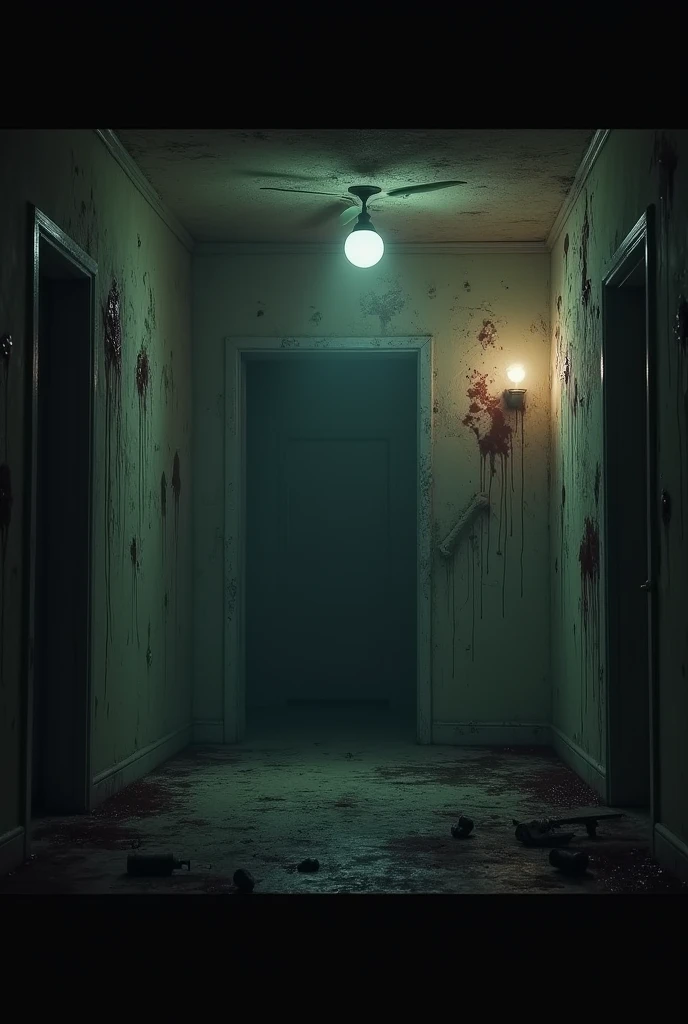 make a deadly scenario with an empty space without any characters, a wall with bloodstains and bullet holes, in a dark room with only one lightbulb.