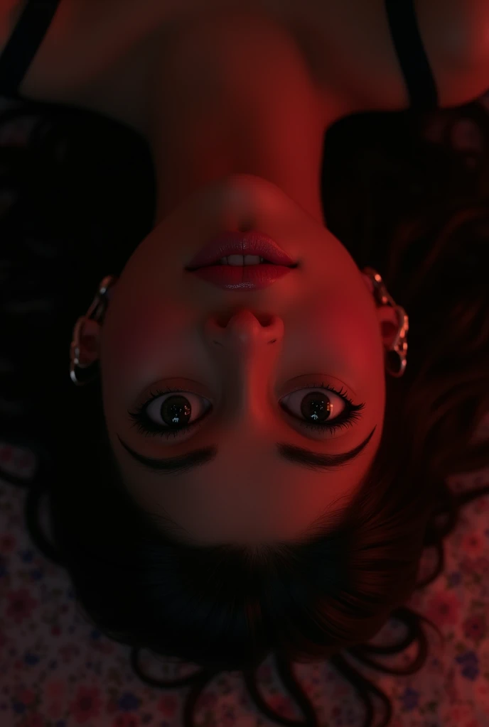Brunette girl with long straight brown hair, eyes with black eyeliner , She doesn't have a hood lying face up in a bed looking at the ceiling. . Red lighting in the room.