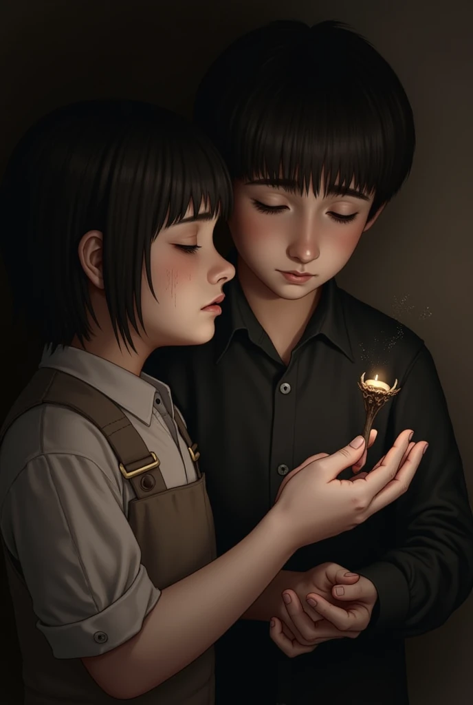 Boy take a girl hand with sad face girl have thorn in her another hand that bigger than her hand but boys eye closed