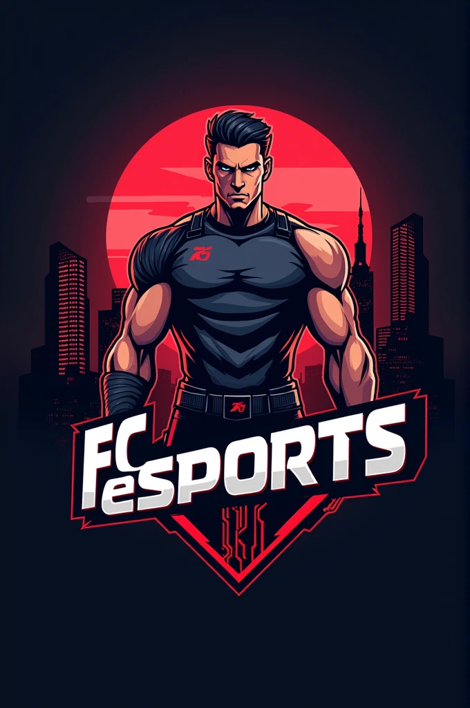 Create a logo for my free fire guild, with red and black colors, with the name FC esports, with the male character in front, create the most detailed and beautiful possible