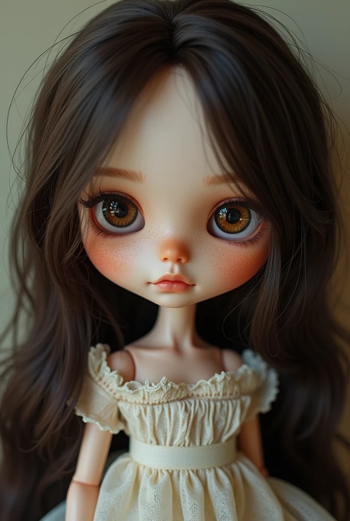 Blythe doll with long dark brown hair, dark brown eyes, white skin with freckles 
