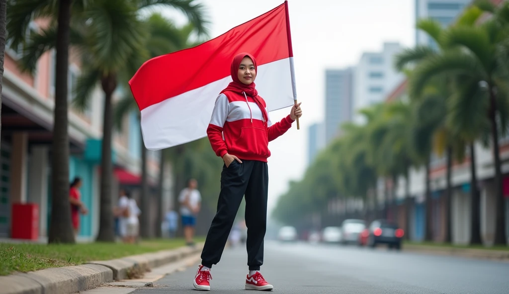 very high quality photo, independence scene, a woman wearing a hijab from Indonesia, wearing a red and white hoodie and sneakers, carrying a flag posing on the side of a city street, full body, realistic and cool visual effects, looks real and perfect, UHD 64K, very sweet