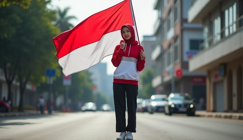 very high quality photo, independence scene, a woman wearing a hijab from Indonesia, wearing a red and white hoodie and sneakers, carrying a flag posing on the side of a city street, full body, realistic and cool visual effects, looks real and perfect, UHD 64K, very sweet
