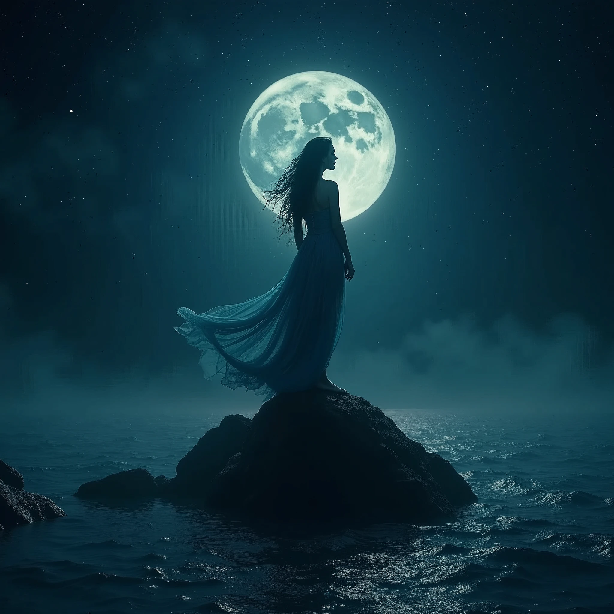A siren perched on a rock, standing in the sea of the night sky