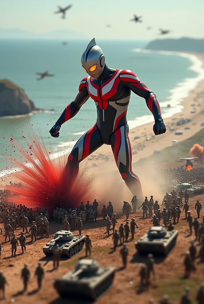 Tilt shift photography big ultraman taro smash splash blood of army step by Ultraman kick all army at army day bomb . sea, beach . everywhere lot of soldier in battlefield.world war 2. tilt shift photography. lot of war. tank.aircraft 2000. air drop. 