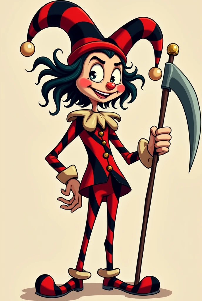 Court jester man in cartoon form
with red and black stripes and his clothes, holding a scythe, and long hair