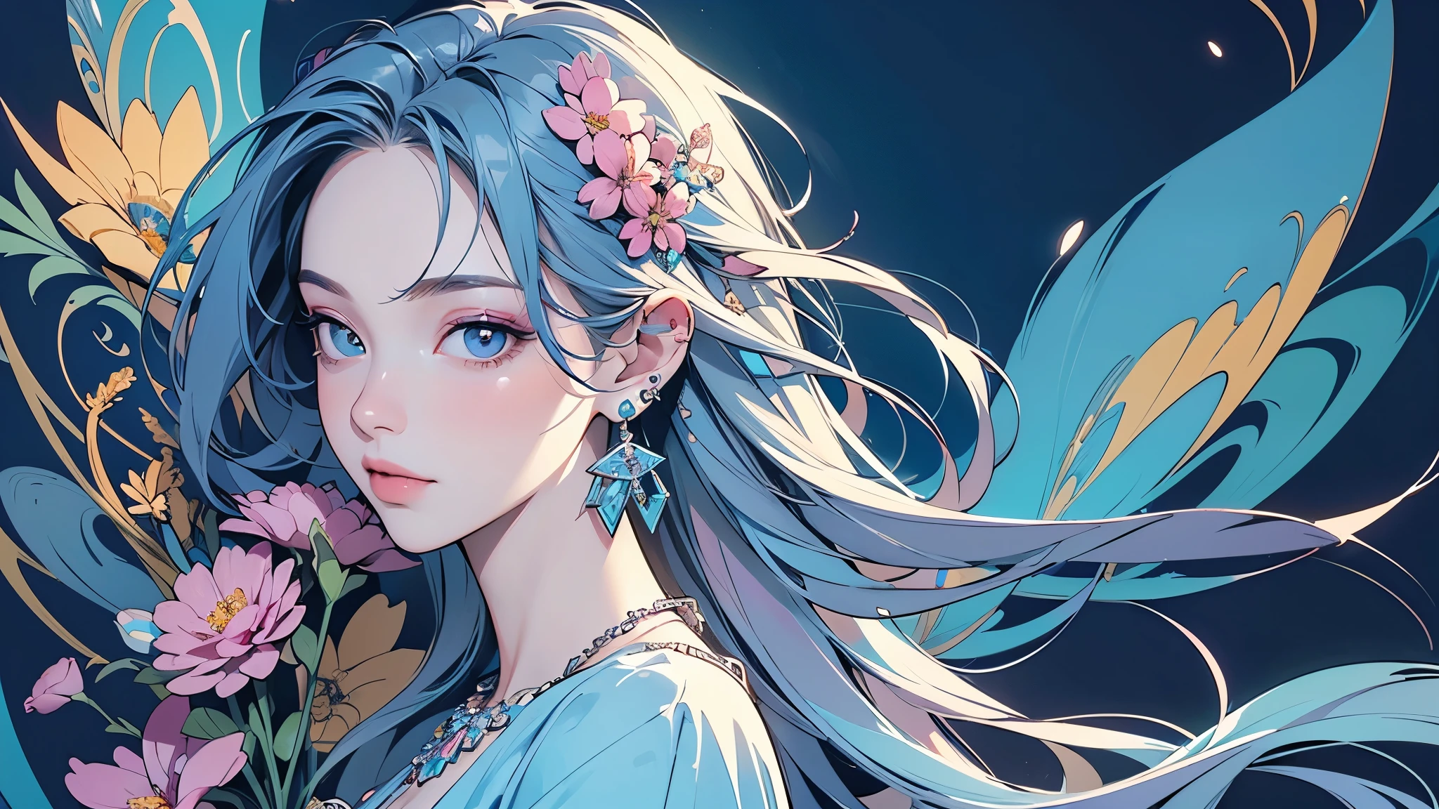 32K, highest quality, The highest masterpiece, (ultra-Detailed Background, Detailed Background), High resolution, Super detailed, Very detailedな, 1 person, (bouquet:1.3), (Tangled:1.2), (Geometric:1.2),(colorful),(masterpiece, quality, best quality, Official Art, Beautiful and beautiful:1.2), (1 person:1.3), Very detailed,(colorful:1.1)(Flowers:1.3),Most detailed,(Tangled:1.2), whole body, (Abstract background:1.3), (Skin glows), (Many colors:1.4), ,(Earrings Jewelry:1.5), Light Blue Background,