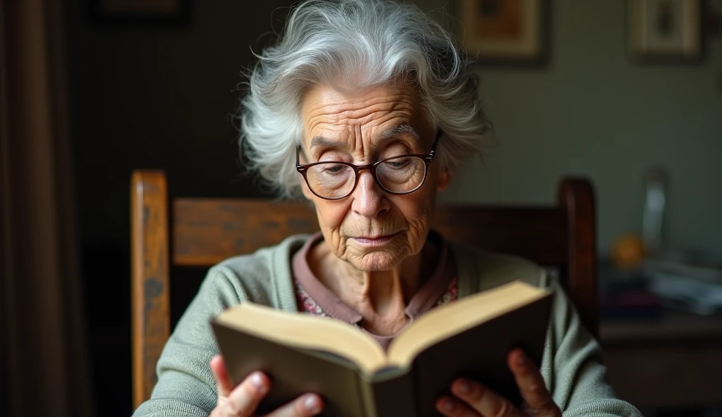 An 80-year-old woman with glasses ,sitting in a wooden chair with a book