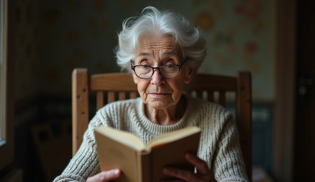 An 80-year-old woman with glasses ,sitting in a wooden chair with a book