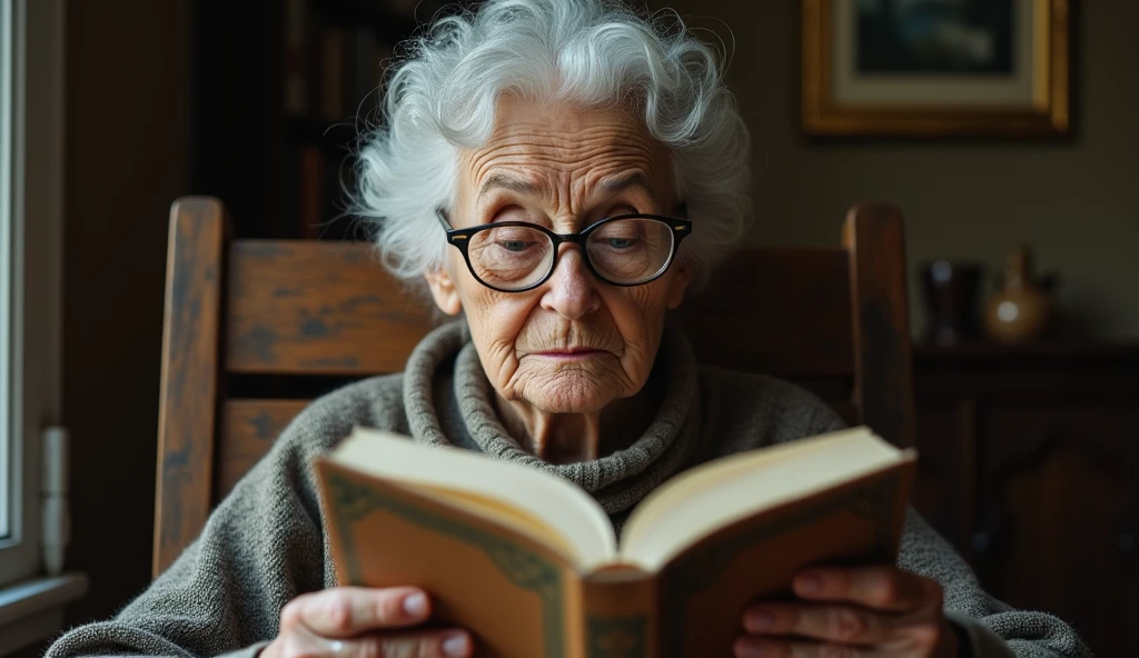 An 80-year-old woman with glasses ,sitting in a wooden chair with a book
