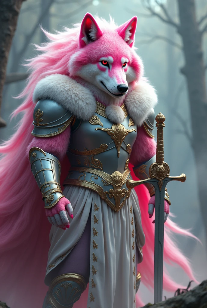 (photorealism:1.2), pink and white wolf, legendary Heineken armor,sword, athena