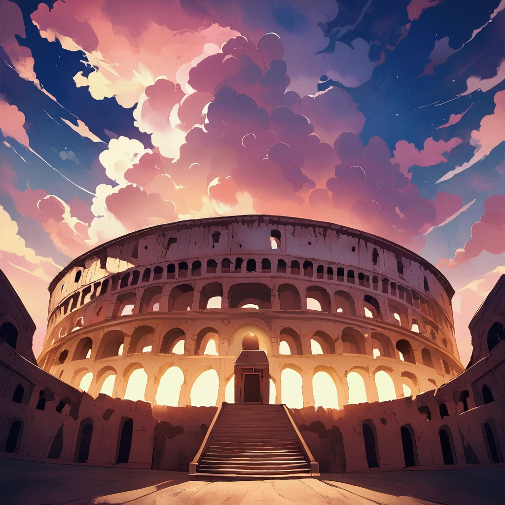 Roman Colosseum in the sky, supported by clouds, and an angel gladiator awaits challengers at the entrance