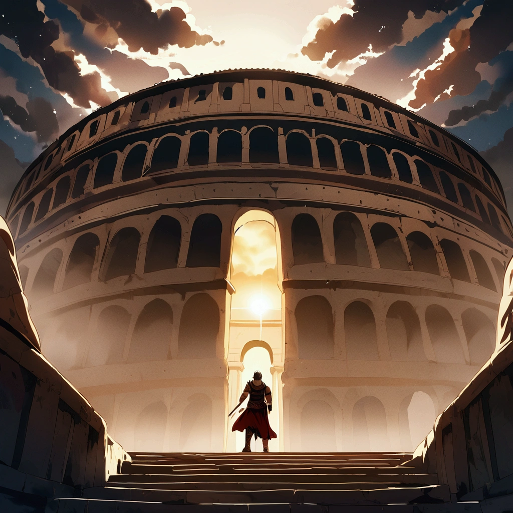 Roman Colosseum in the sky, supported by clouds, and an angel gladiator awaits challengers at the entrance