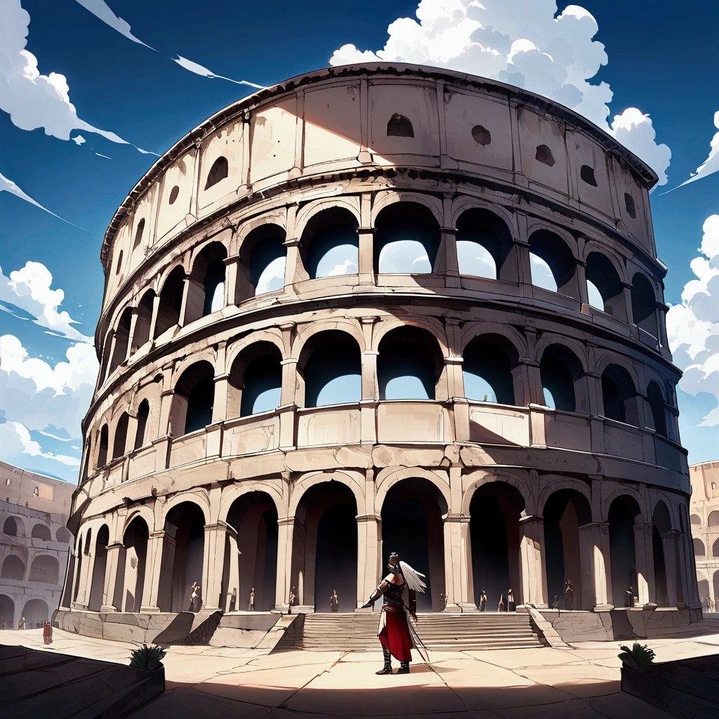 Roman Colosseum in the sky, supported by clouds, and an angel gladiator awaits challengers at the entrance