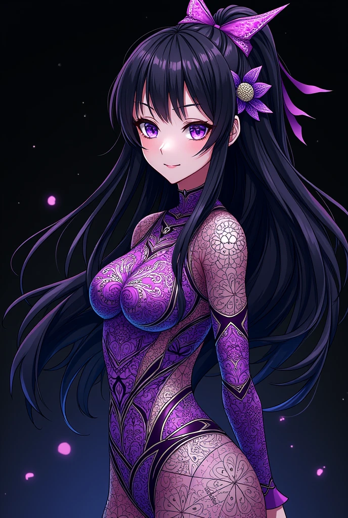 (((Raiden Shogun))), (genshin impact), purple eyes, black hair, ((black background)), Official art, Unity 8k Wallpaper, Ultra-detail, Beautiful and aesthetic, masterpiece, Best Quality, (zentangle, mandalas, Tangle, Entangle), (fractal art:1.3), 1girl, huge tits, extra thick thighs, Extremely detailed, Most Beautiful Form of Chaos, elegant, a brutalist designed, vivd colour, romanticism, Atmospheric, arms behind back, (((((anime style))))), thick body, think waist, big hips,
