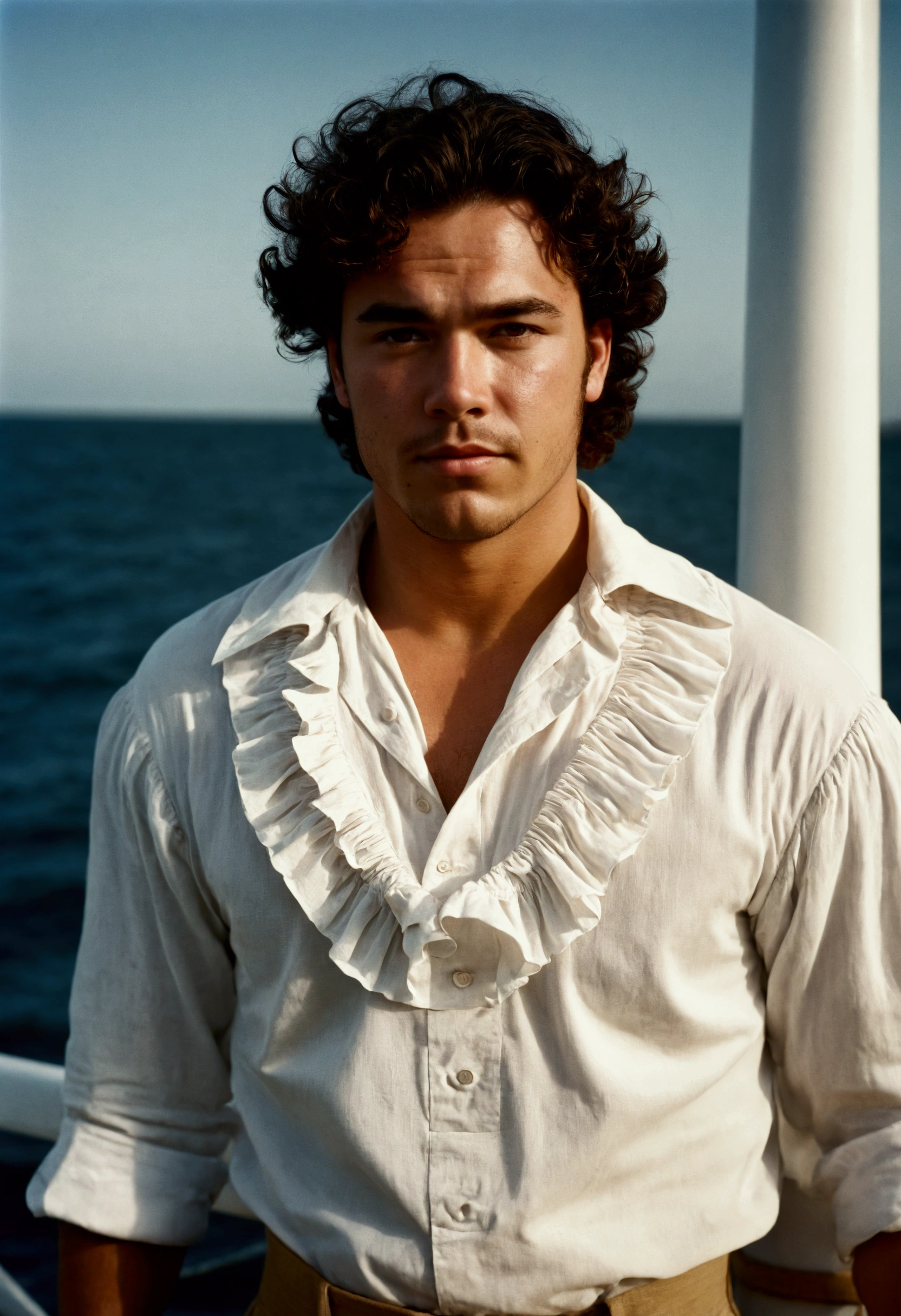 analog film photo, photo of a 1600s sailor, 25 years old, male, brown eyes, short dark curls, tan complexion, soft facial features, medium height, broad shoulders, stocky physique, slightly chubby, lots of body hair, wearing a ruffle shirt and ankle-banded trousers, posing on the quarter deck, resembles Dean Cain, RAW Photograph, dslr, soft lighting, high quality, film grain, Fujifilm XT3, detailed skin with visible pores, insane details, masterpiece, 8k, 35mm photograph, dslr, kodachrome, faded film, desaturated, grainy, vintage, Lomography, stained, highly detailed, found footage, full-body shot
