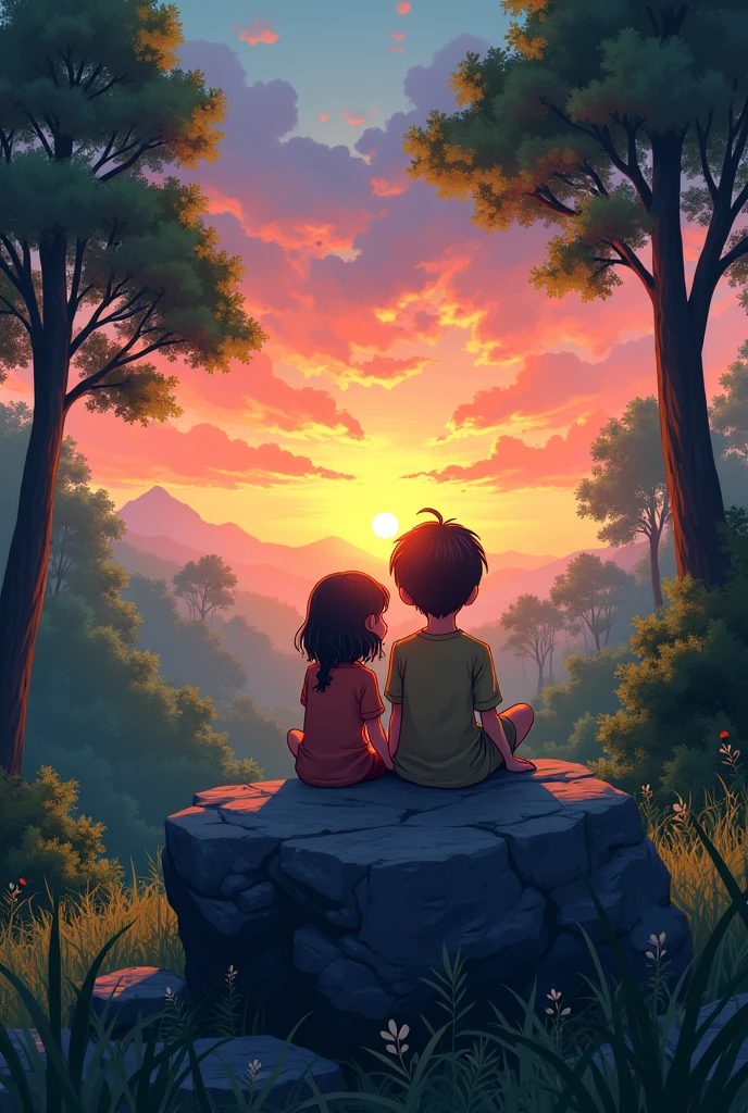 Create an image where a girl and a boy are sitting on a rock watching the sunset in a forest. Make it an easy and simple image to draw. 