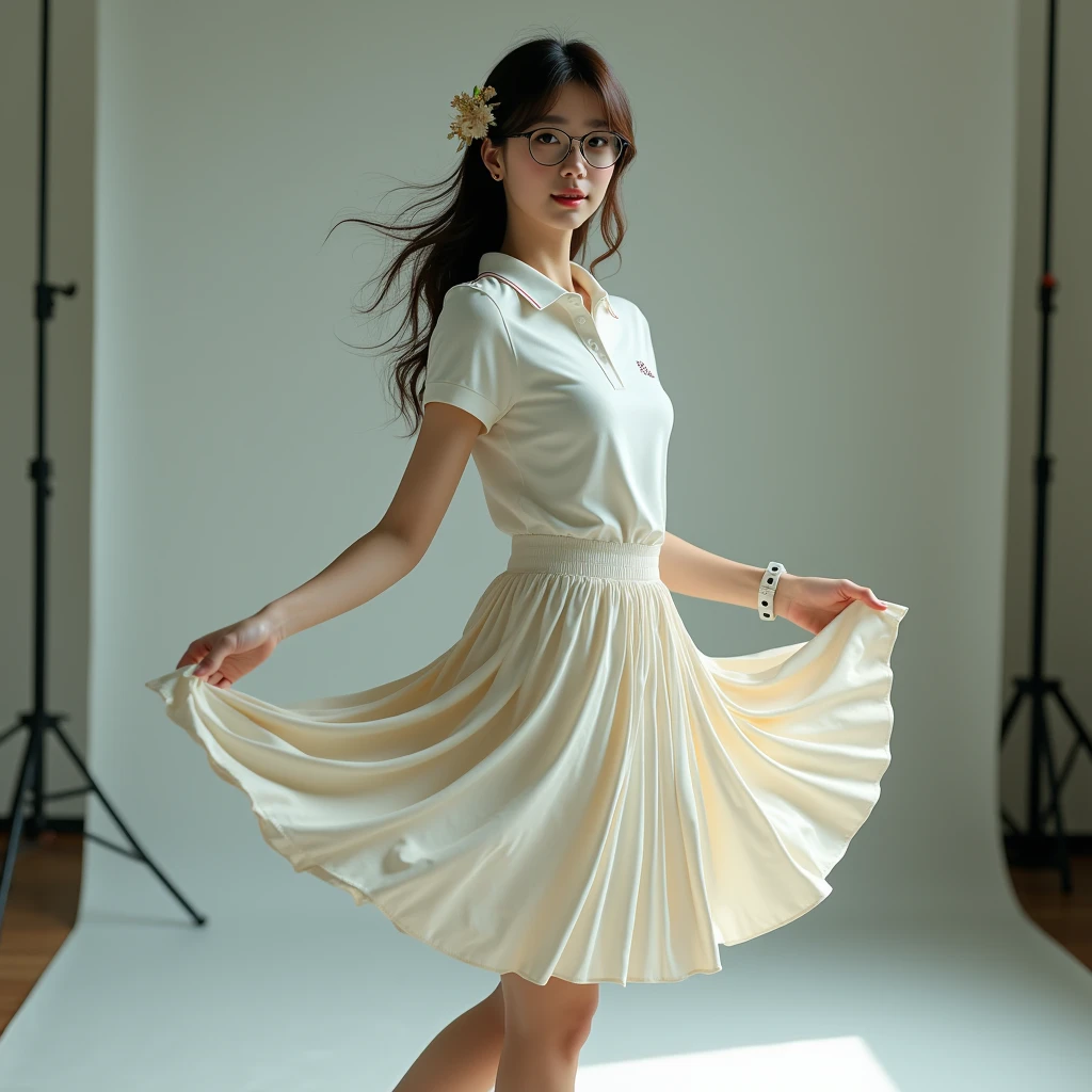 beautiful japanese woman in golf outfit, realistic person, extremely detailed body, photoshoot, live action, glasses, billowing skirt, secretary