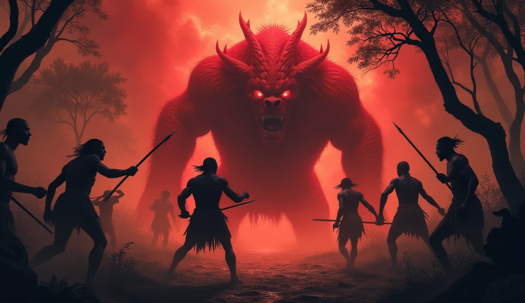 Depict a violent and chaotic scene set in the deep, untamed heart of Africa during the late 1790s. A group of African warriors, including their terrified leader, engage in a desperate battle against a fearsome, unknown beast. The creature is massive, its skin a vivid, blood-red hue that almost seems to glow in the dark jungle. Its form is both alien and terrifying, with powerful limbs and a monstrous maw. The warriors, armed with spears, fight with all their might, their faces a mix of determination and fear. The jungle around them is alive with the sounds of battle—screams, the clash of weapons, and the terrifying roars of the beast. The air is thick with tension as the warriors struggle to survive this deadly encounter. dark, gloomy, creepy