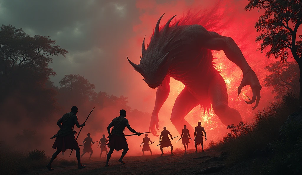 Depict a violent and chaotic scene set in the deep, untamed heart of Africa during the late 1790s. A group of African warriors, including their terrified leader, engage in a desperate battle against a fearsome, unknown beast. The creature is massive, its skin a vivid, blood-red hue that almost seems to glow in the dark jungle. Its form is both alien and terrifying, with powerful limbs and a monstrous maw. The warriors, armed with spears, fight with all their might, their faces a mix of determination and fear. The jungle around them is alive with the sounds of battle—screams, the clash of weapons, and the terrifying roars of the beast. The air is thick with tension as the warriors struggle to survive this deadly encounter. dark, gloomy, creepy