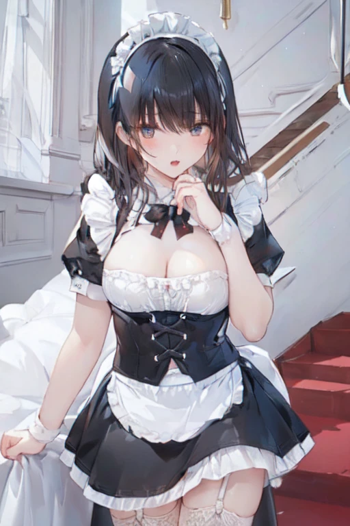 (((masterpiece, Highest quality, Perfect Anatomy,Natural Light))),One cute one, Large Breasts, long black hair,sleek, glossy hair, Bright detailed gray eyes,Thin lips,Half-open mouth,a blushing, embarrassed expression, Beautiful 8-head body line,Long, slender limbs,Detailed fingers,Black maid outfit,White garter belt,White panties, Maid headdress, Frill apron, Standing in the dimly lit castle,Chandelier Light, a glittering chandelier, Are standing, (((Skirt lift 1.5))),Sweaty body,