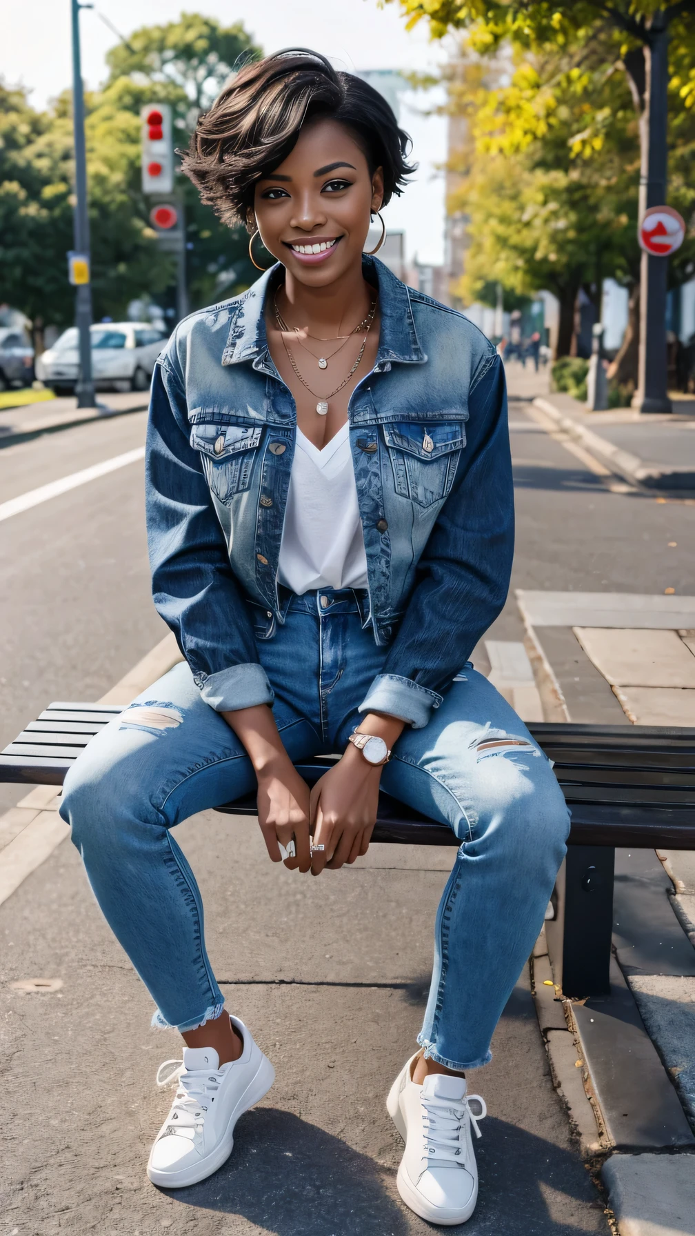 Super Resolution、Beautiful Black Woman、Full body photo、sitting on a park bench、short hair、、ear piercing、necklace、Denim jacket、shirt、Skinny jeans、sneakers、smile、Beautiful teeth alignment