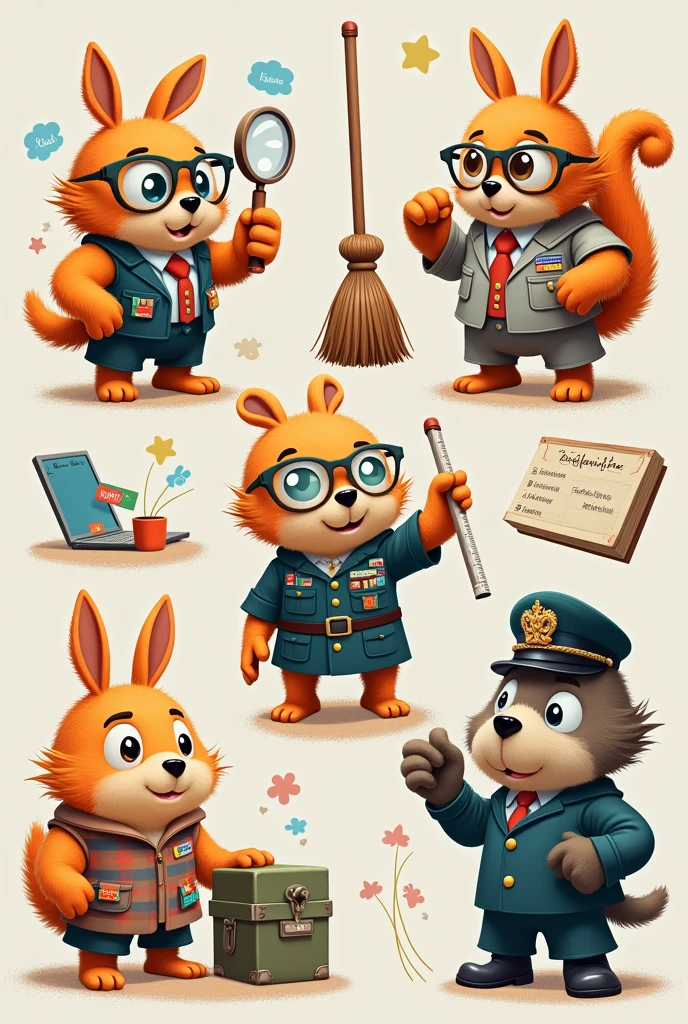sey (Sense of Use):
sey é um mascote pequeno, with glasses and a magnifying glass hanging around his neck. He is always holding a small trash can and examining objects to determine if they are truly necessary.
Ordinato (Sense of Organization):
Ordinato is an organized and meticulous mascot. He wears a vest with many pockets and carries colorful labels. His hair is neatly styled, and he is always arranging objects on shelves or drawers.
Varrelin (Sense of Cleanliness):
Varrelin is a mascot with a magic broom. He has bright eyes and wears an apron with pockets to store cleaning cloths. Whenever he sees dirt, He sweeps it enthusiastically.
godfather (Sense of Standardization):
godfather é um mascote elegante e simétrico. He wears a suit with perfectly aligned stripes. In your hand, He holds a ruler, symbolizing the importance of standardization in processes.
Disciplino (Sense of Discipline):
Disciplino is a serious and rigorous mascot. He wears a military uniform and carries a whistle. He is always on the alert to ensure that everyone follows the rules and maintains discipline.