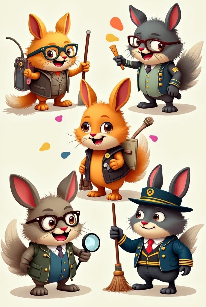 sey (Sense of Use):
sey é um mascote pequeno, with glasses and a magnifying glass hanging around his neck. He is always holding a small trash can and examining objects to determine if they are truly necessary.
Ordinato (Sense of Organization):
Ordinato is an organized and meticulous mascot. He wears a vest with many pockets and carries colorful labels. His hair is neatly styled, and he is always arranging objects on shelves or drawers.
Varrelin (Sense of Cleanliness):
Varrelin is a mascot with a magic broom. He has bright eyes and wears an apron with pockets to store cleaning cloths. Whenever he sees dirt, He sweeps it enthusiastically.
godfather (Sense of Standardization):
godfather é um mascote elegante e simétrico. He wears a suit with perfectly aligned stripes. In your hand, He holds a ruler, symbolizing the importance of standardization in processes.
Disciplino (Sense of Discipline):
Disciplino is a serious and rigorous mascot. He wears a military uniform and carries a whistle. He is always on the alert to ensure that everyone follows the rules and maintains discipline.