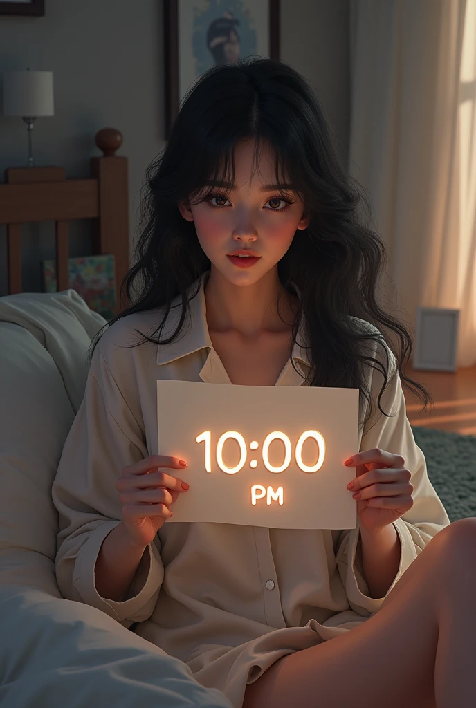 A 28 years old beautiful woman with black hair wearing a pajamas in her room holding a paper that write 10:00 pm